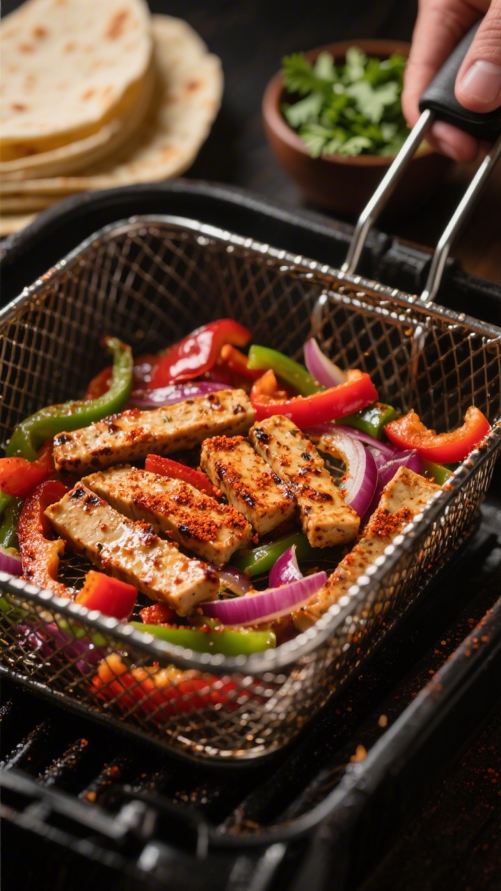 Cooking process: Smoky tempeh fajita strips sizzling in an open air fryer basket at 390°F, edges ca