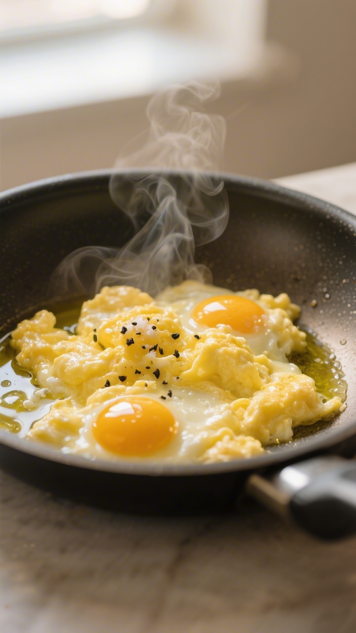 Cooking process: Soft-scrambled eggs just set in a nonstick pan, glossy curds folding over themselve
