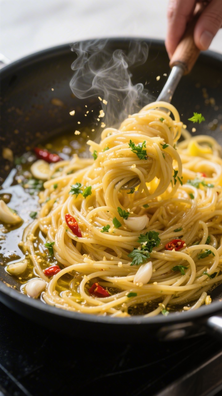 Cooking process: Spaghetti just shy of al dente being tossed with garlic-chili oil in a wide skillet