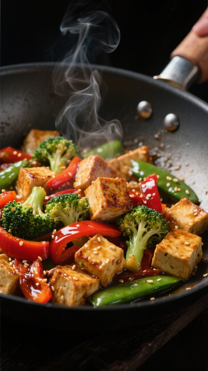 Cooking process — Spicy Tofu Stir-Fry: Cubes of golden-seared extra-firm tofu sizzling in a carbon