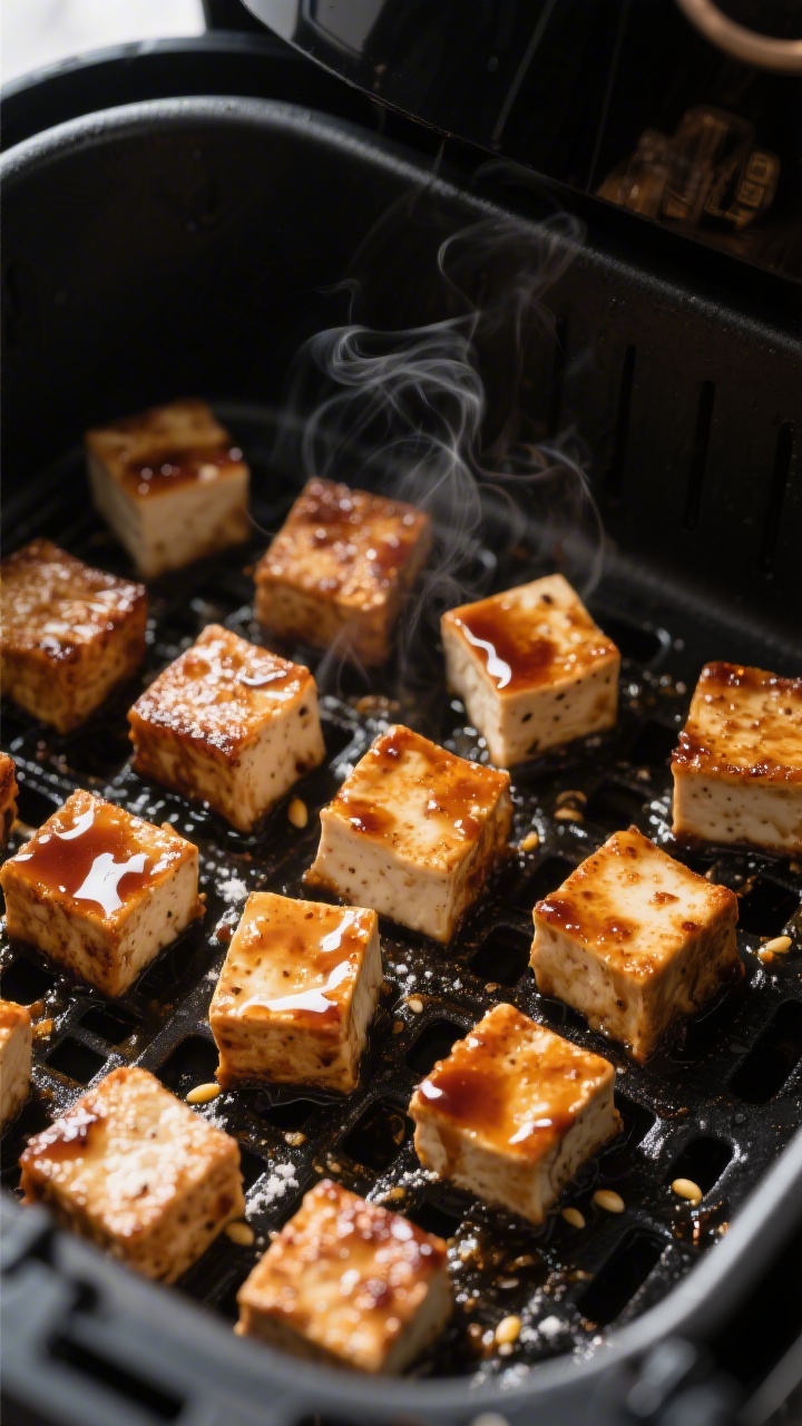 Cooking process: Sticky soy-maple tofu bites mid-cook in an open air fryer basket, evenly spaced 1-i