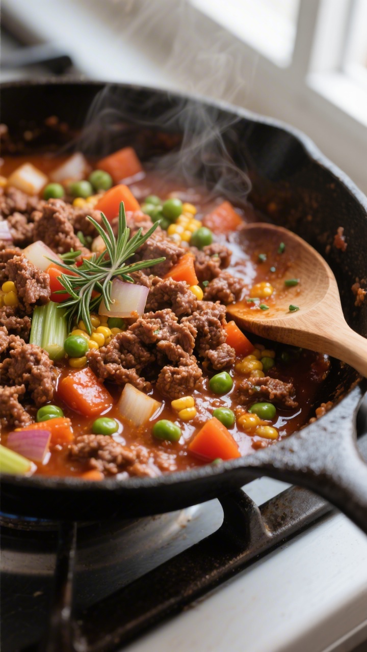 Cooking process, stovetop: Close-up of deeply browned ground lamb with crispy bits simmering in a gl