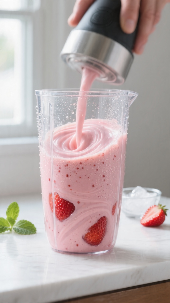 Cooking process: Strawberry smoothie being blended to a silky swirl in a clear high-speed blender ja