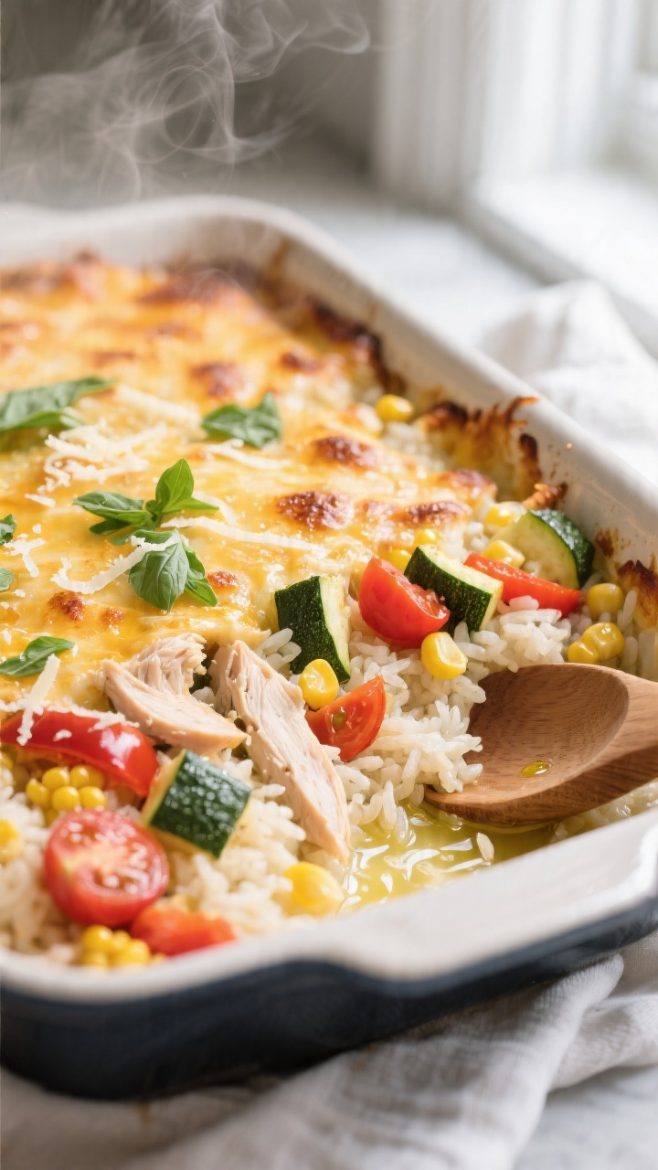 Cooking process — Summer Veggie, Chicken, and Rice Bake: Close-up of the casserole just out of the