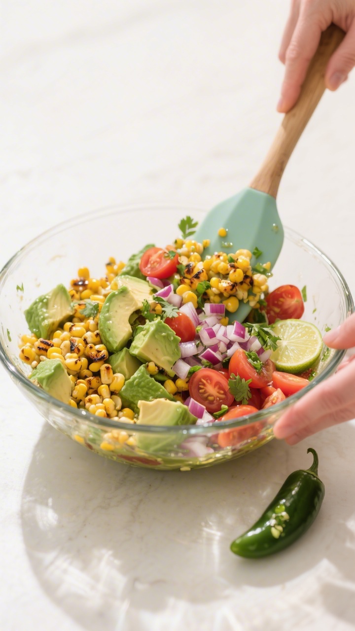 Cooking process: Sweet corn and avocado salsa being gently folded in a wide glass mixing bowl, showi