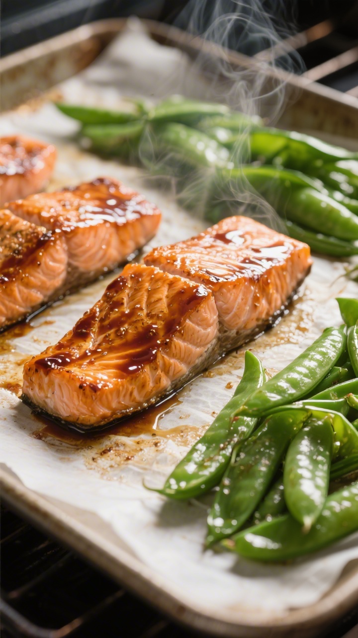 Cooking process: Teriyaki Salmon variation in action—salmon fillets baking on a parchment-lined sh