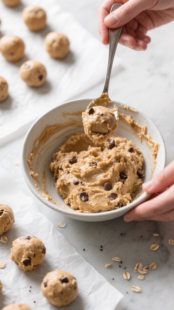 Cooking process: The chilled mixture being portioned and rolled—tablespoon scoop impressions visib