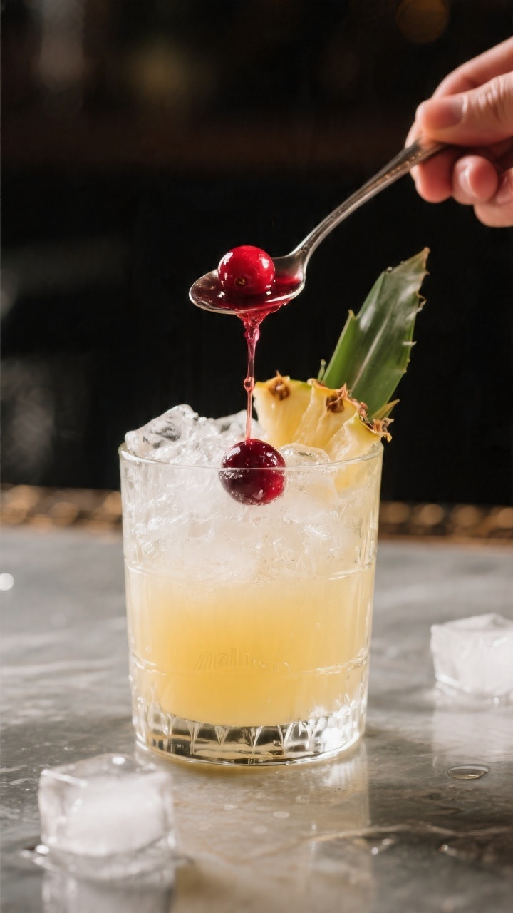 Cooking process: The cranberry juice being slowly poured over the back of a spoon into a glass alrea