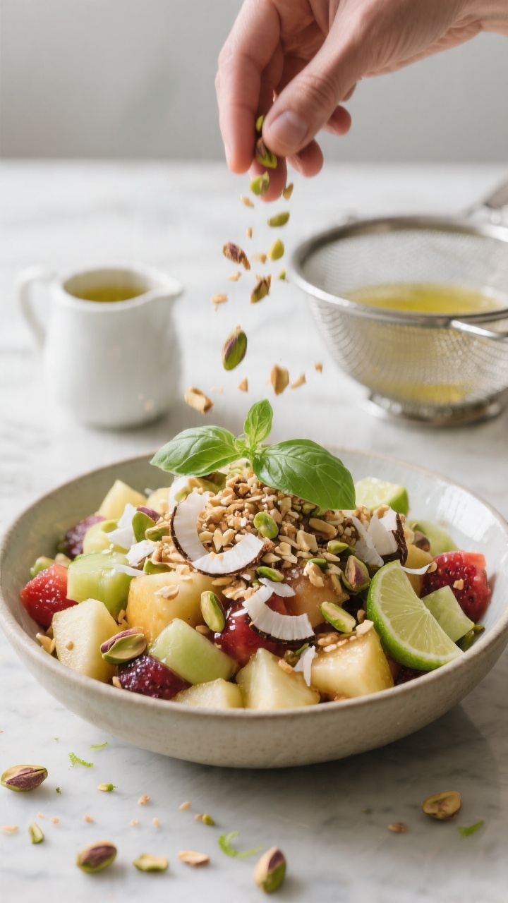 Cooking process: The “finish with crunch” step—prepared fruit salad in a wide, low serving bow