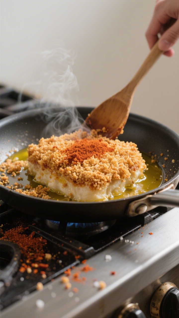 Cooking process: The “fried” topping being finished—panko toasted to a rich amber in a skillet
