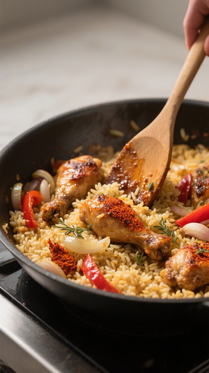 Cooking process: The one-pot dish at the “toast the rice and spices” stage in a deep skillet—l