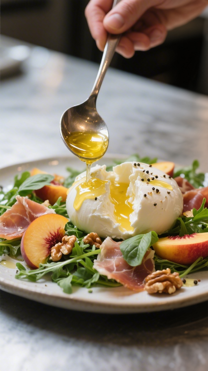 Cooking process: The quick dressing being finished and spooned over torn burrata and peaches on the 