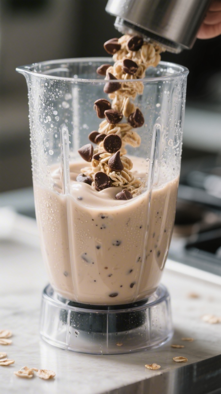 Cooking process: The shake being prepared in a blender jar mid-recipe—smooth, pale beige base full