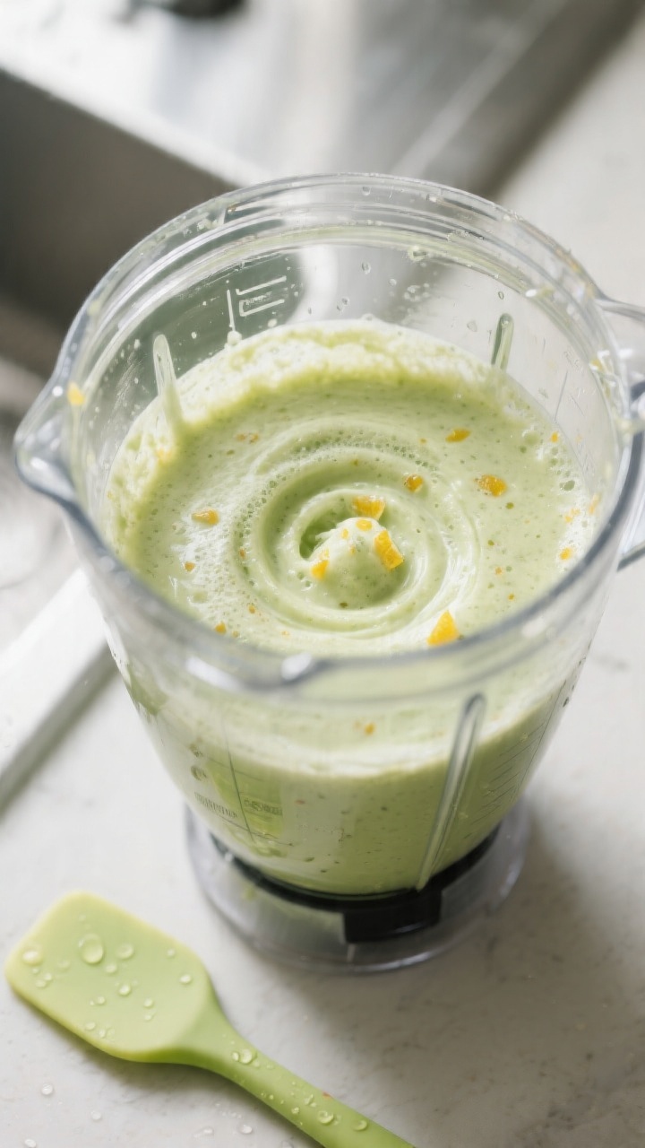 Cooking process: The smoothie in a high-speed blender jar immediately after blending, lid off, showi