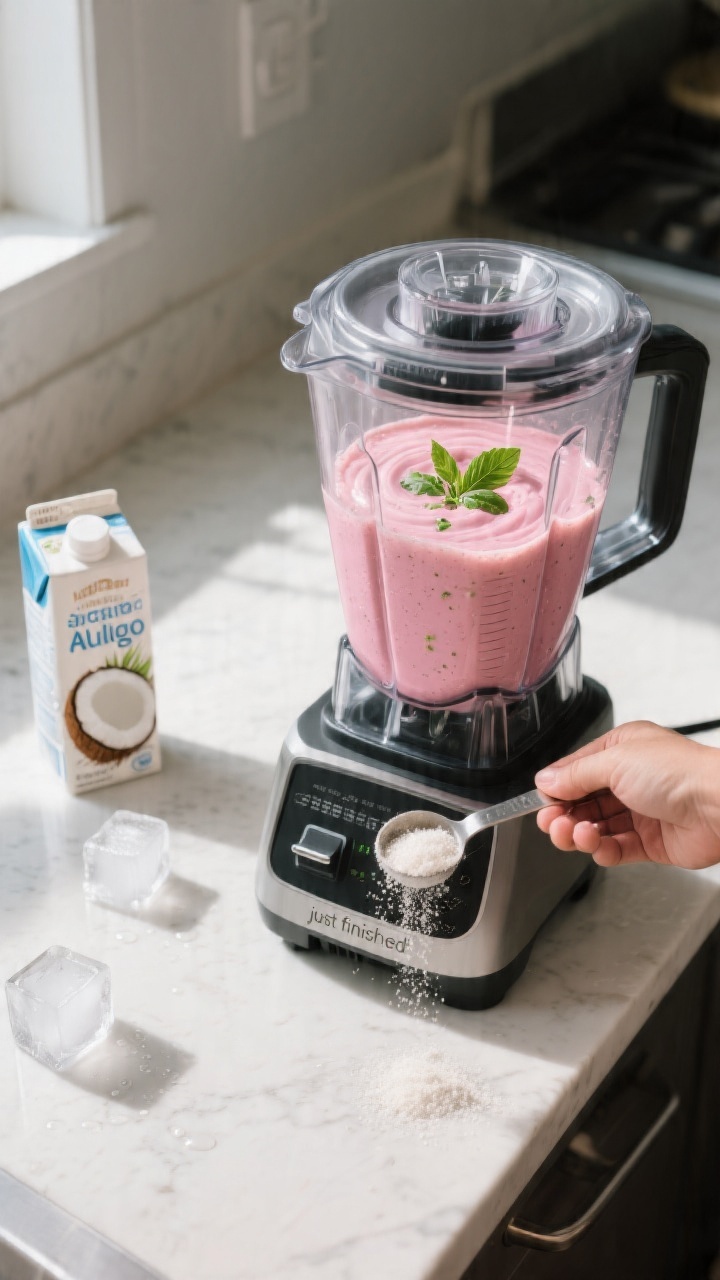 Cooking process: The smoothie in a high-speed blender at the “just finished” stage—lid off, cr