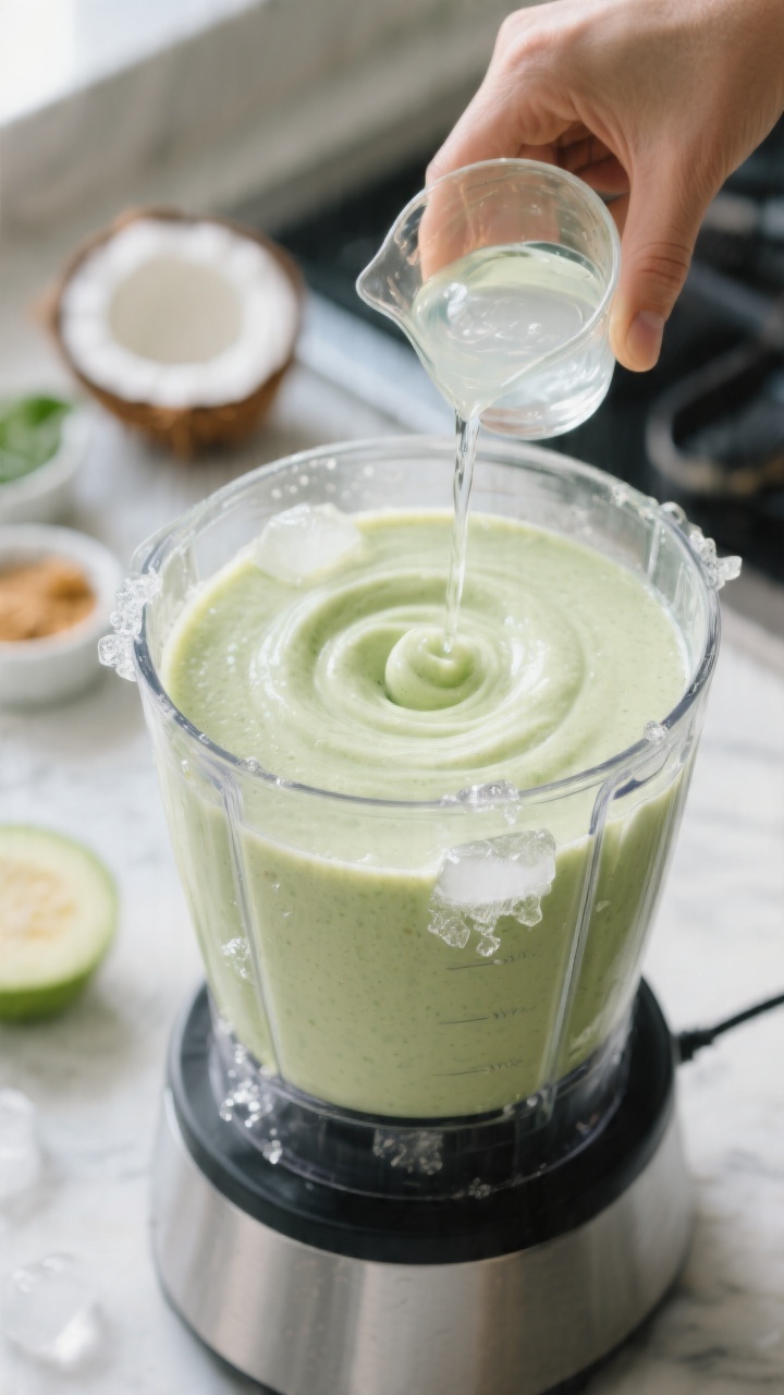 Cooking process: The smoothie mid-blend in a high-speed blender jar, ingredients fully integrated in