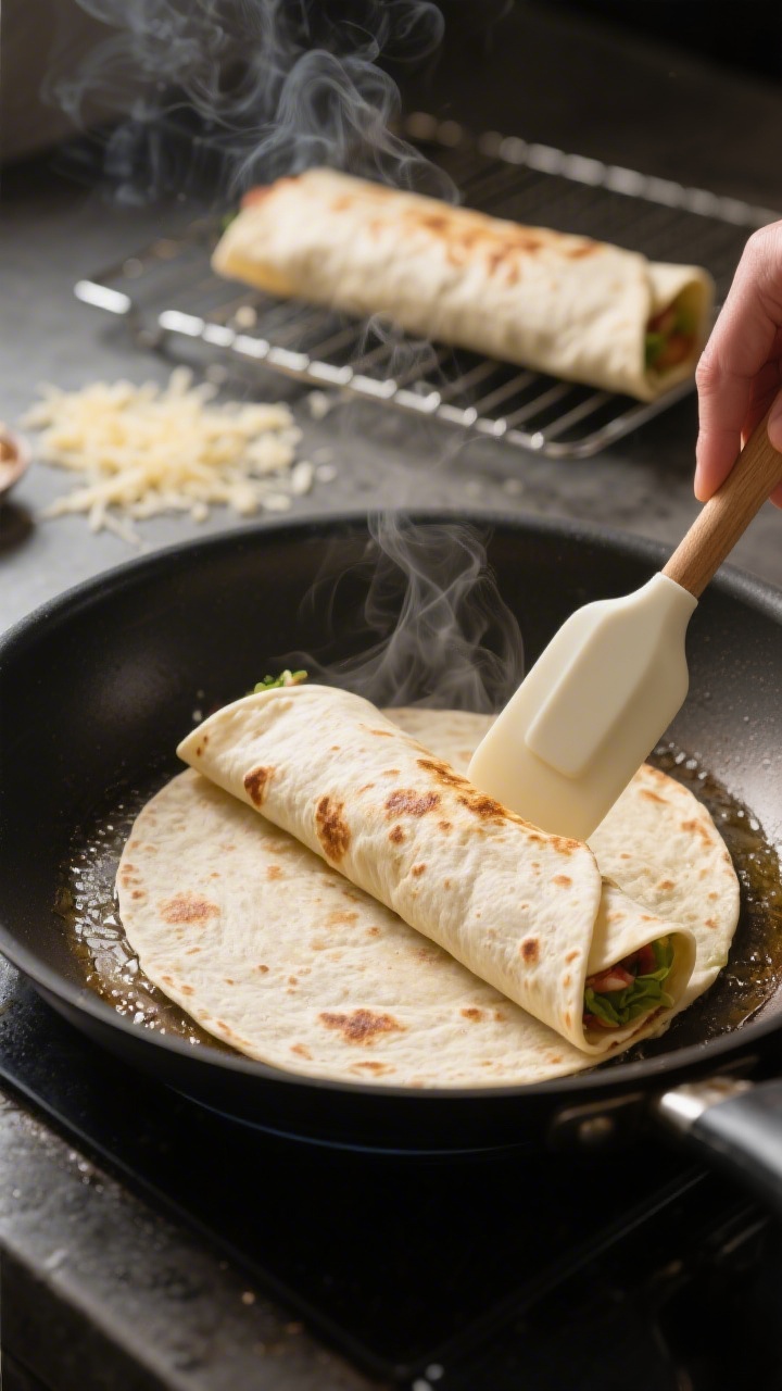 Cooking process: The wrap being toasted seam-side down in a lightly oiled skillet, captured mid-sizz