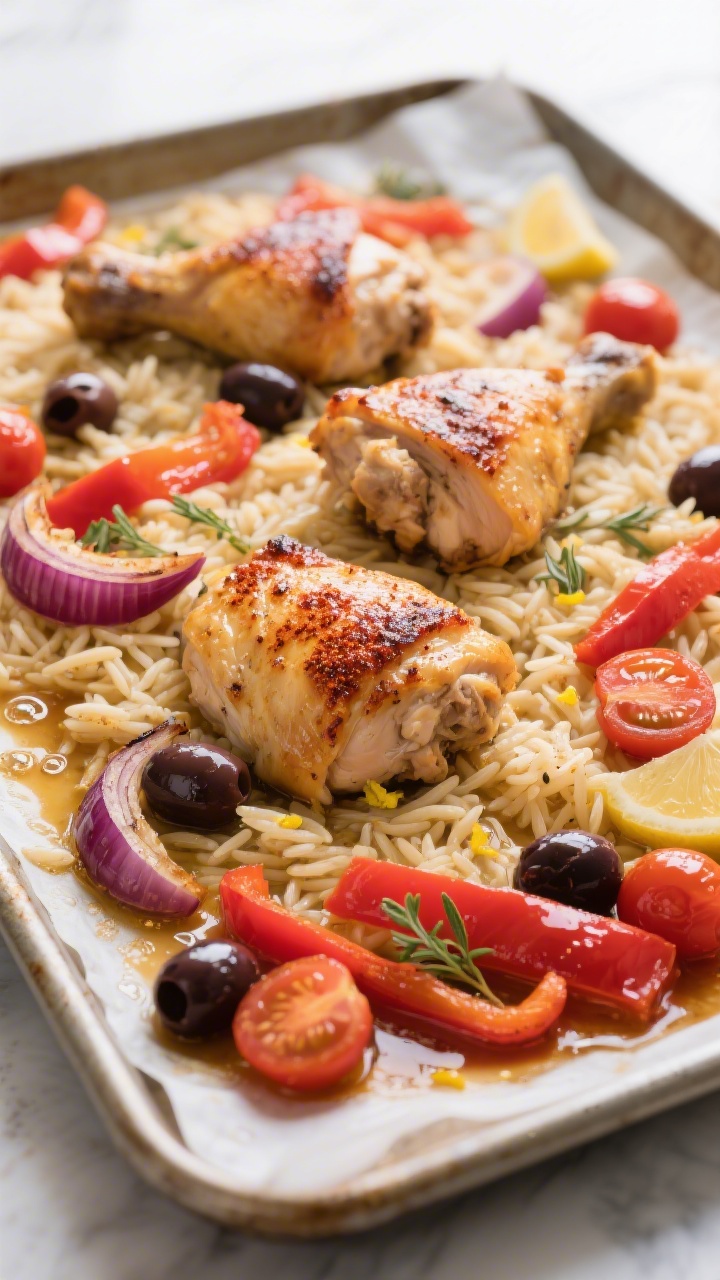 Cooking process, three-quarters angle: Sheet pan Greek chicken with orzo mid-roast, showing golden, 