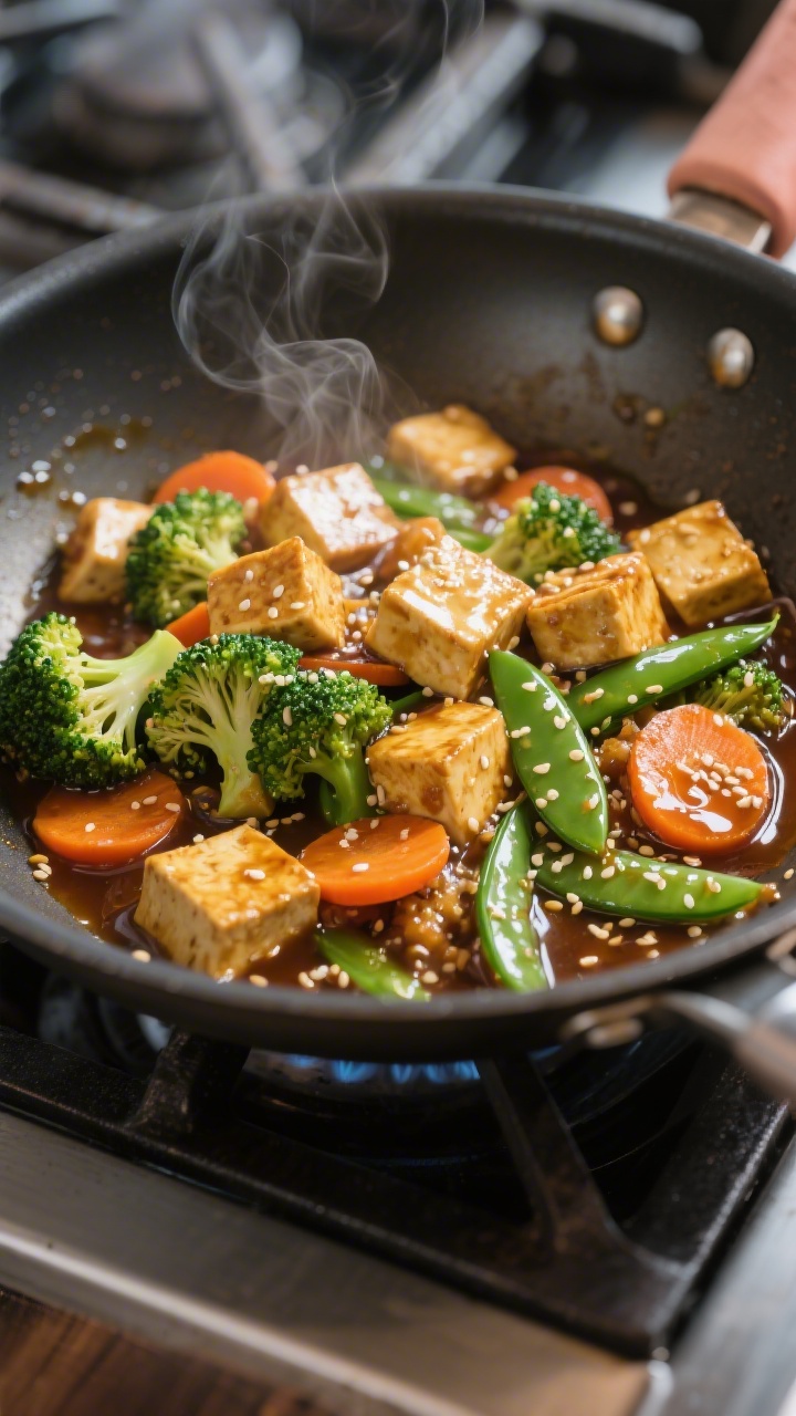 Cooking process: Tofu and Broccoli Stir-Fry sizzling in a carbon-steel skillet, glossy soy-garlic-gi