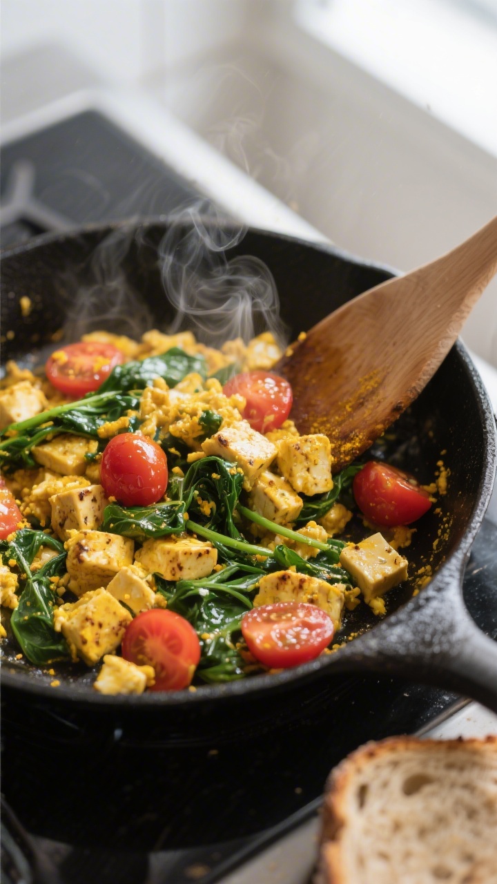 Cooking process: Tofu breakfast scramble sizzling in a black nonstick skillet, crumbled golden tofu 