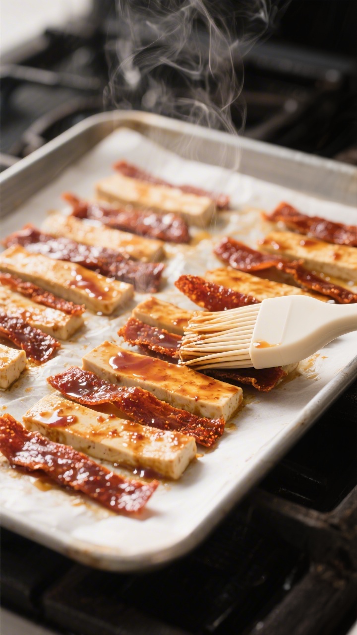 Cooking process: Tofu Jerky Strips mid-bake at 300°F, thin marinated tofu slices on a parchment-lin