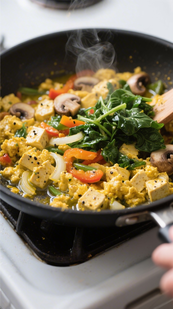 Cooking process – Tofu Veggie Scramble: Sizzling skillet shot of golden tofu scramble in progress 