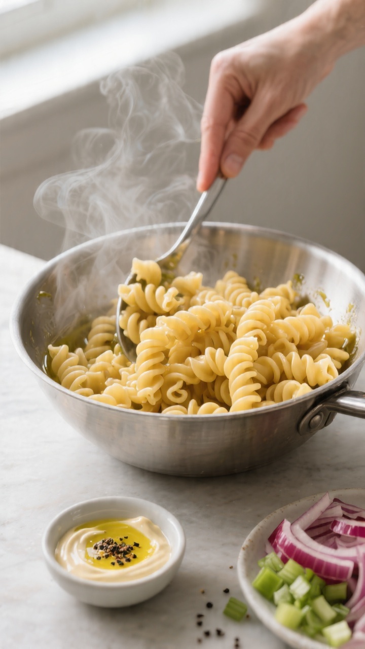 Cooking process — Tossing the just-cooked, al dente cavatappi with olive oil in a large stainless 