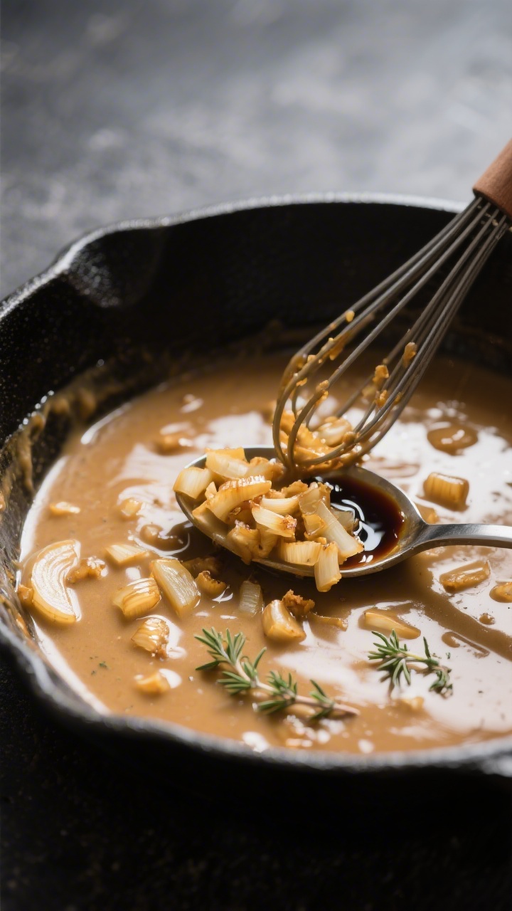 Cooking process: Vegan onion-garlic gravy in a skillet at the simmer-and-thicken stage, roux-based s