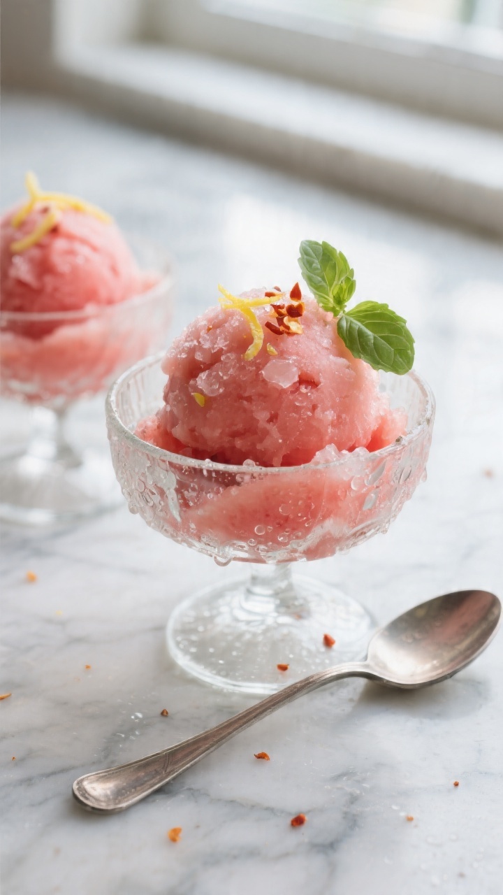 Final chilled treat presentation: Frosty watermelon basil sorbet scooped into chilled glass coupe bo