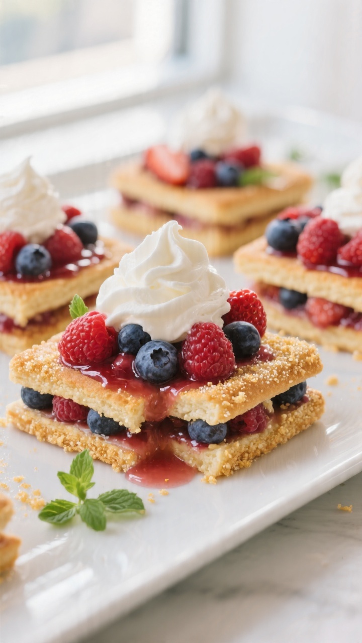 Final dessert presentation: Berry slab shortcake plated as individual servings—square biscuit halv