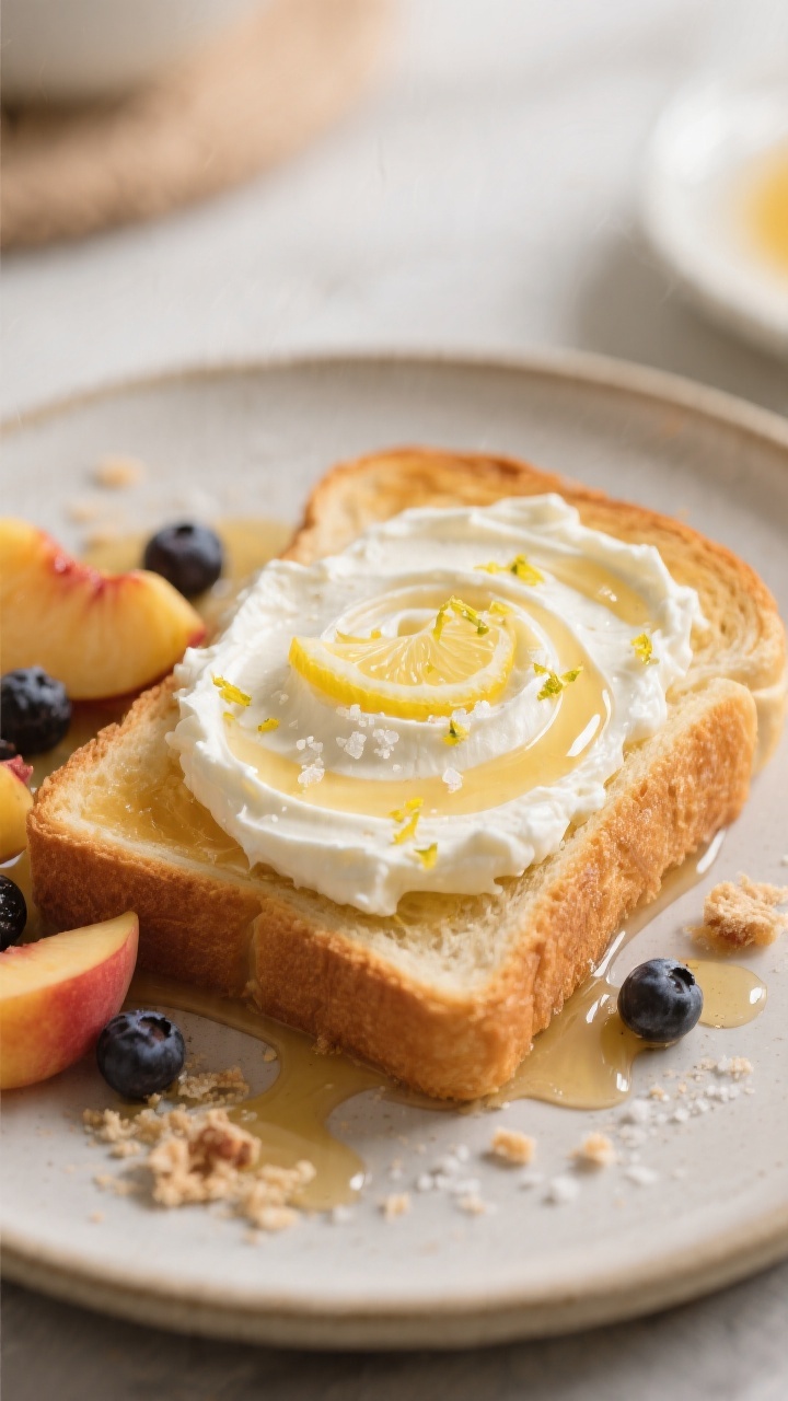 Final dessert presentation, close-up: No-cook lemon ricotta toast—thick, golden toast topped with 