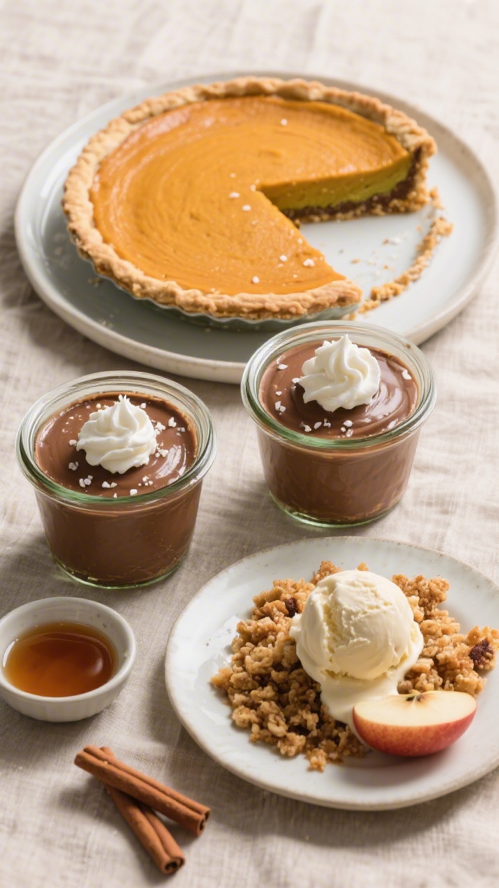 Final dessert trio presentation: Tasty top view of a Thanksgiving dessert spread featuring a chilled
