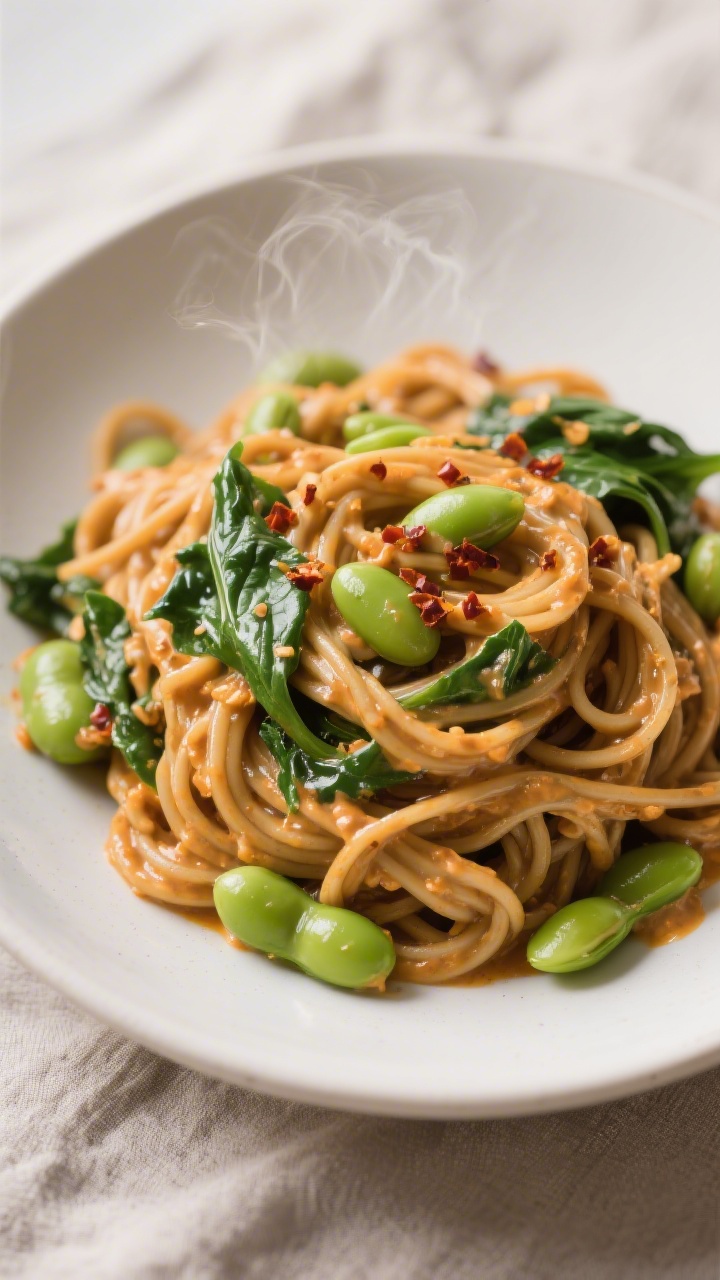 Final dish – 15-Minute Creamy Pumpkin Miso Noodles: Beautifully plated soba noodles coated in a ve