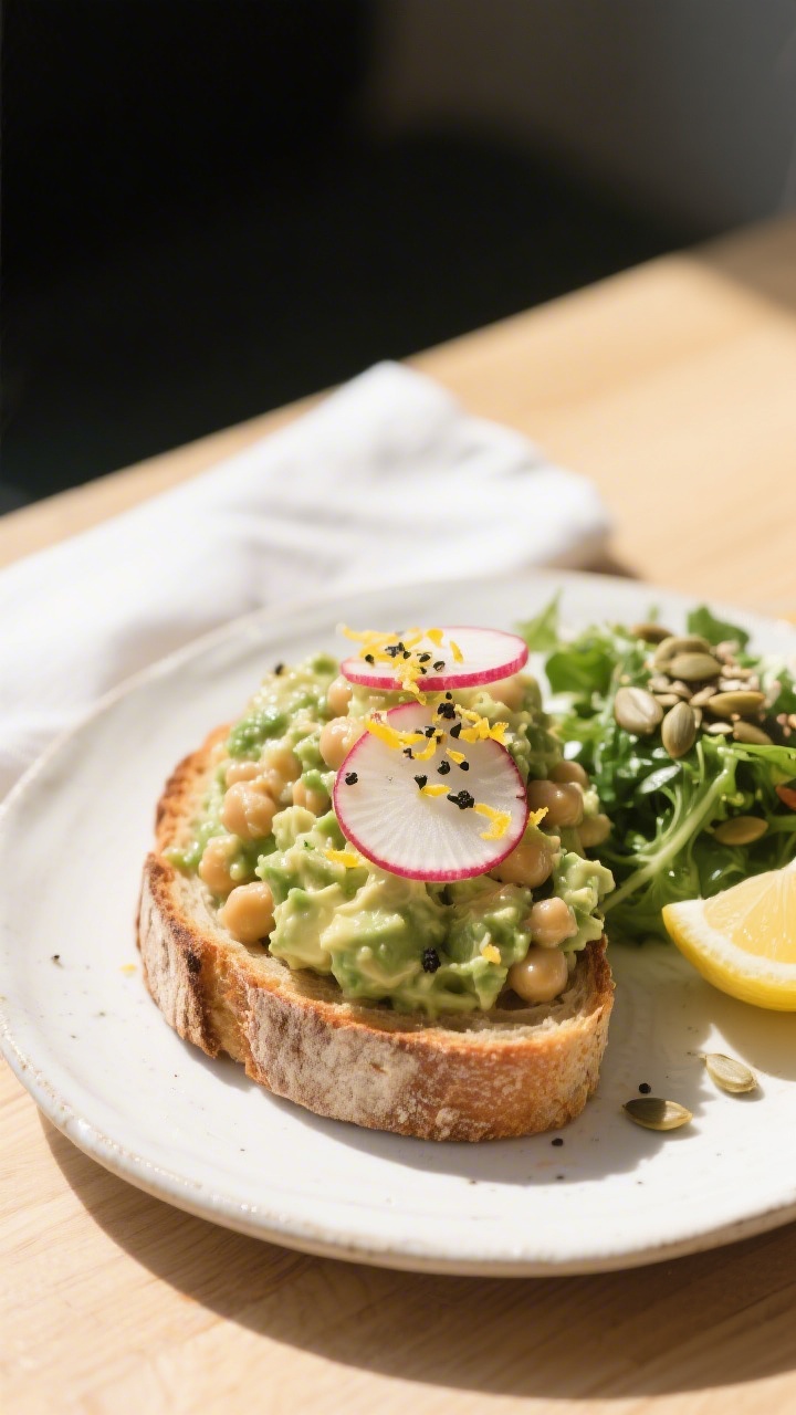 Final dish: Beautifully plated creamy chickpea avocado salad piled onto thick toasted sourdough, top
