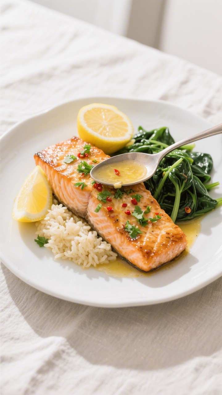 Final dish: Beautifully plated garlic butter salmon with glossy basting sauce spooned over top, spri