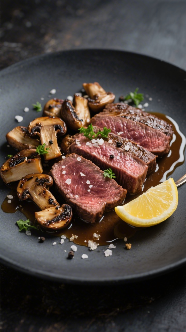 Final dish, beautifully plated: Sliced medium-rare steak and roasted mushrooms fanned on a matte cha