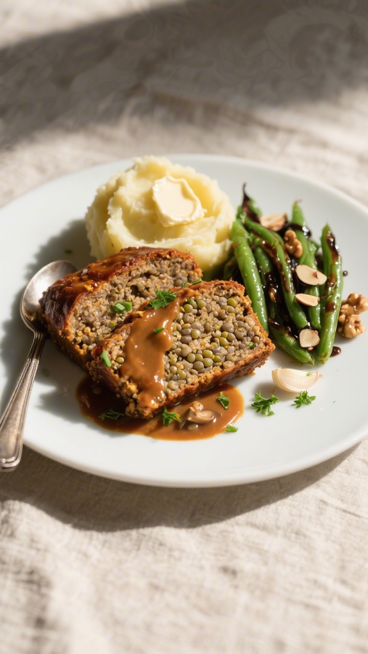 Final dish: Beautifully plated vegan lentil-walnut loaf slices brushed with a maple-Dijon-ketchup gl