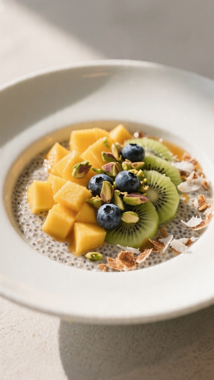 Final dish beauty shot: Restaurant-quality presentation of coconut chia pudding in a matte white sha