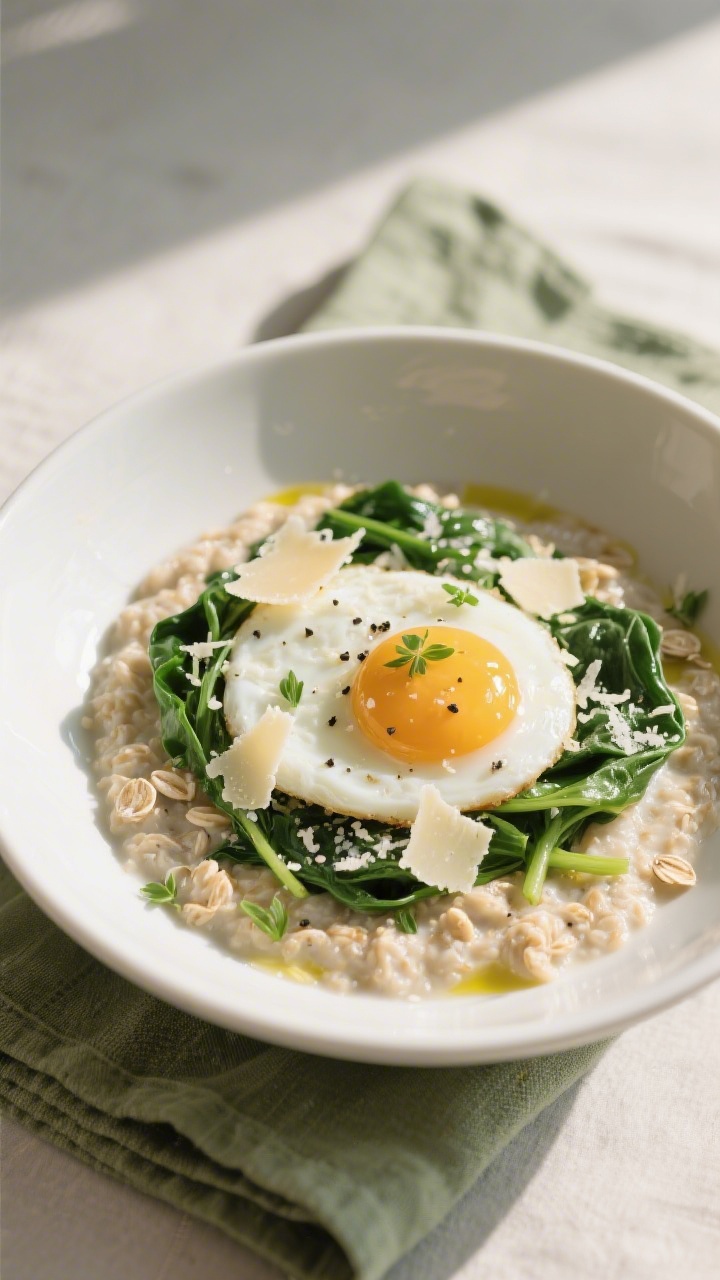 Final dish beauty shot: Savory Parmesan and Greens high-protein oatmeal in a wide, shallow white bow