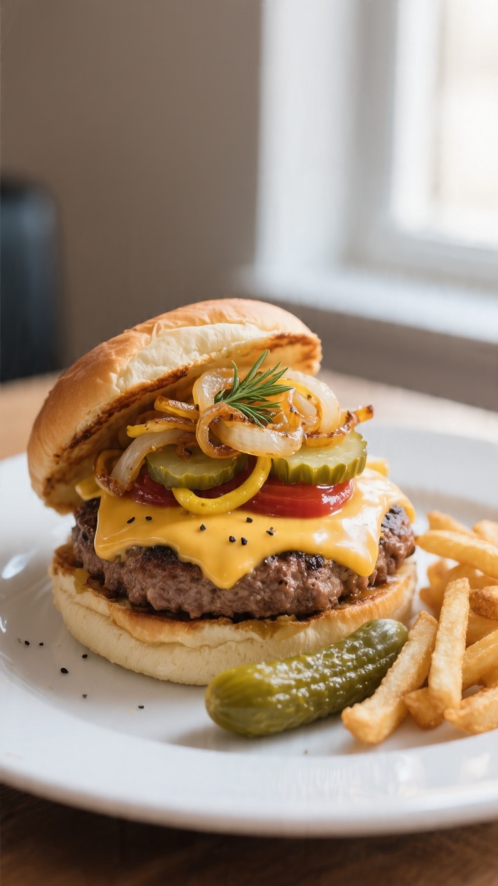 Final dish beauty shot: Smash burger stacked on a lightly toasted potato bun with melted American ch