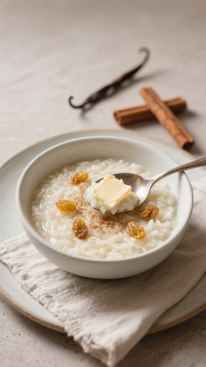 Final dish beauty shot: Warm rice pudding spooned into a matte white bowl, ultra-creamy and scoopabl