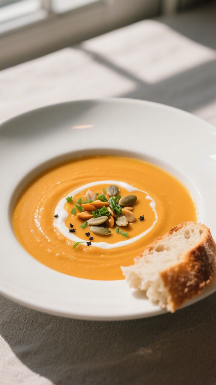 Final dish, bowl presentation: Creamy butternut squash soup ladled into a wide matte-white bowl, ult