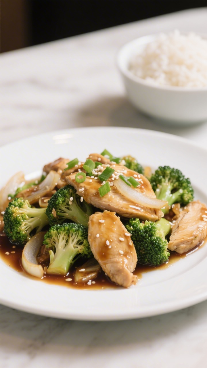 Final dish – Chicken and Broccoli Stir-Fry: Beautifully plated chicken and broccoli on a wide matt
