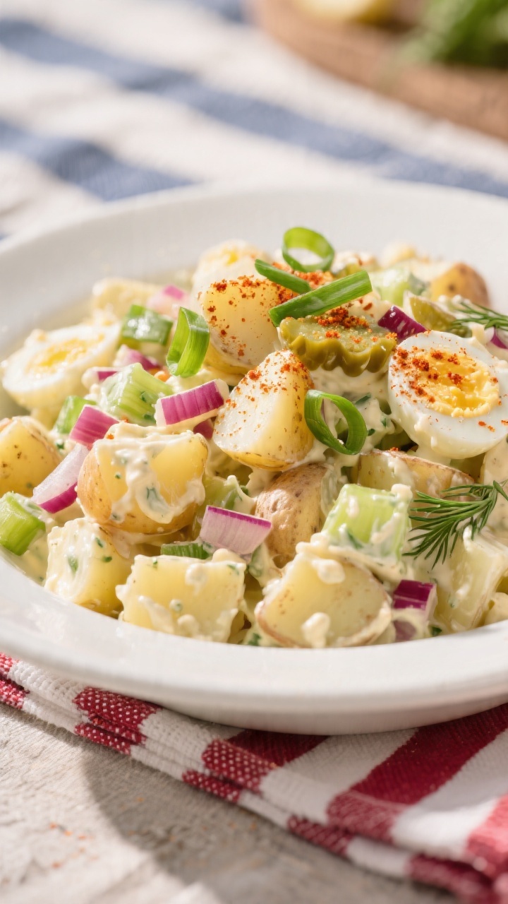 Final dish – Classic Potato Salad: Beautifully plated creamy potato salad in a white low bowl, sho