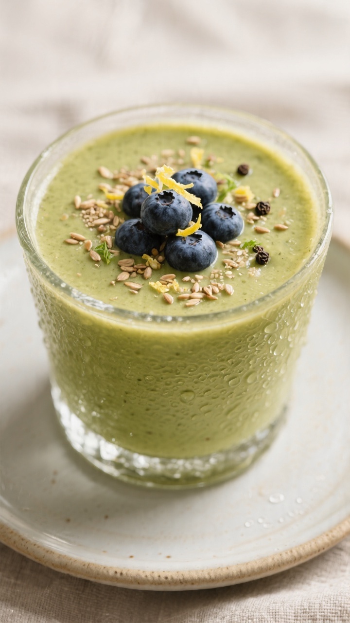 Final dish close-up: A chilled, thick green-gold smoothie poured into a frosted clear glass, topped 