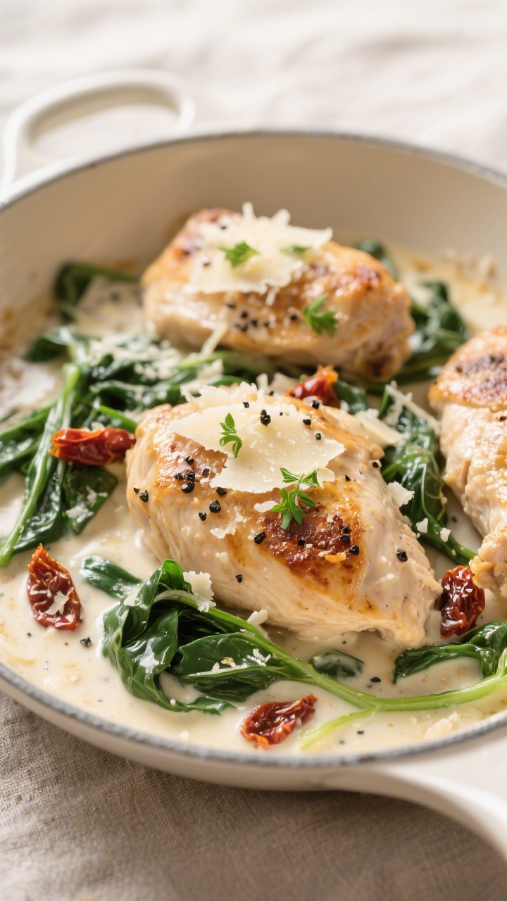 Final dish close-up: Creamy Tuscan-style rotisserie chicken skillet, tight macro of tender chicken p