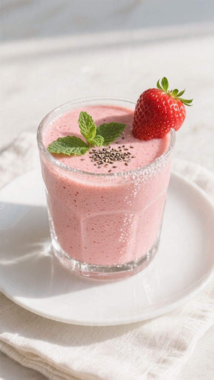 Final dish close-up: Thick, creamy strawberry smoothie freshly poured into a chilled clear glass, ve