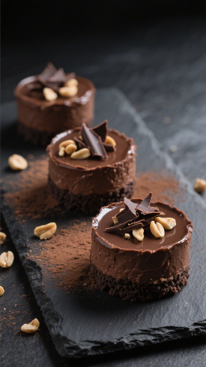 Final dish decadence: Three mini Chocolate Peanut Butter Cheesecakes on a matte black slate, each wi
