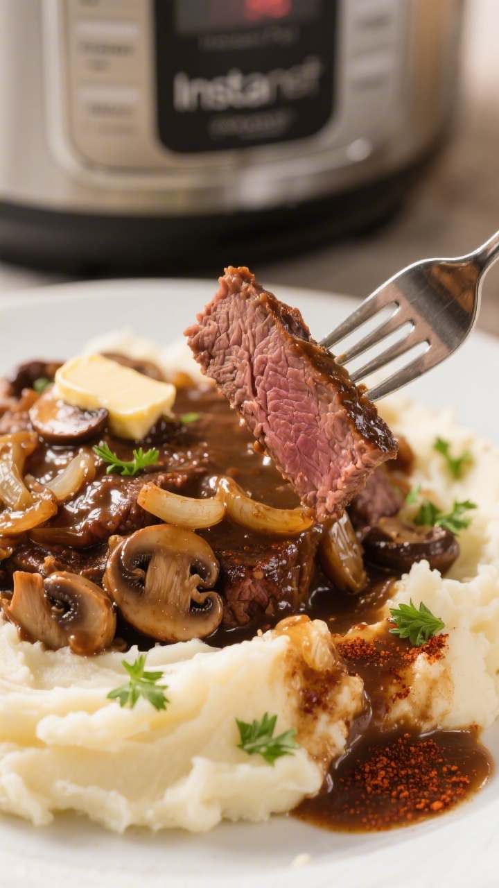 Final dish detail: Extreme close-up of fork-tender brisket slice being napped with silky, thickened 