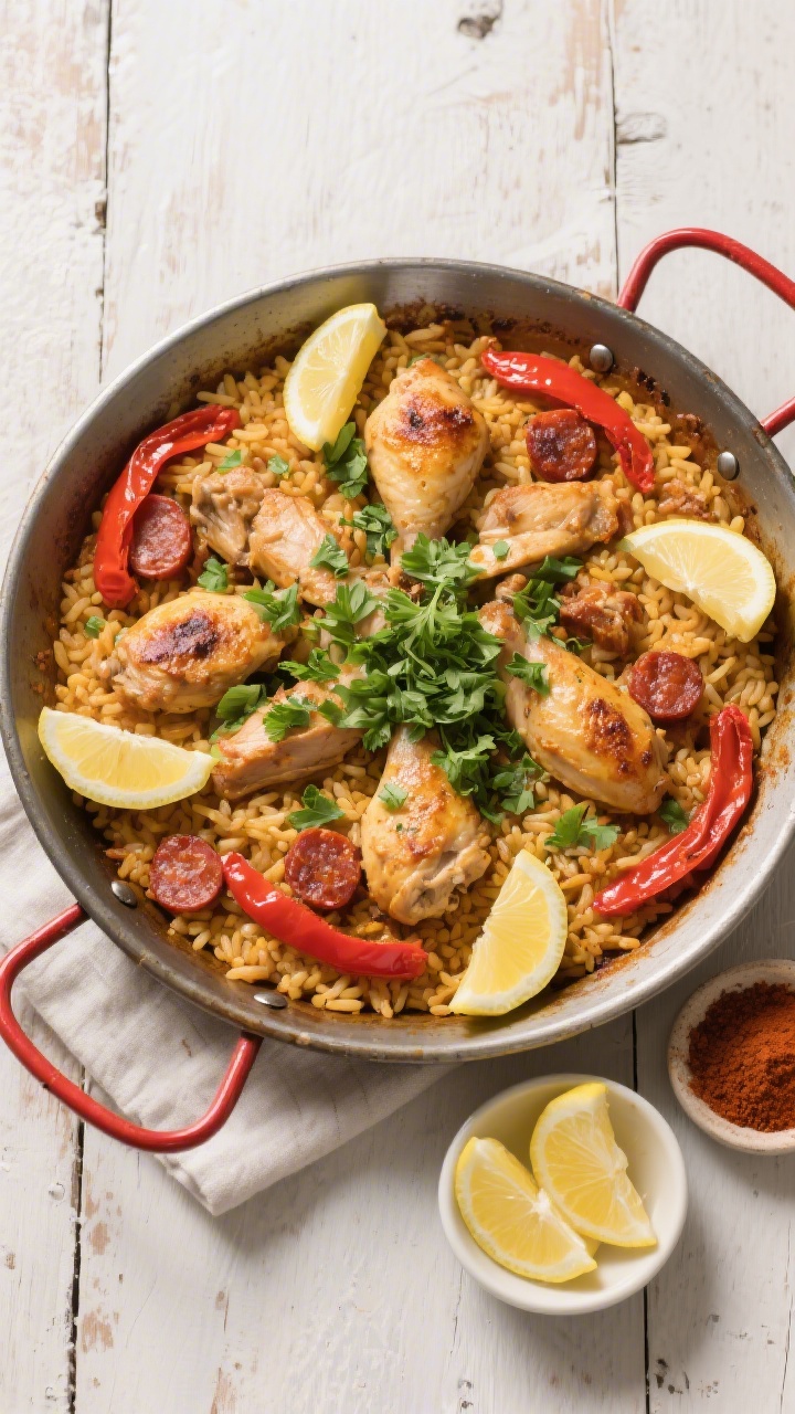 Final dish — Festive presentation: Overhead top-down shot of the finished Chicken Chorizo Paella i